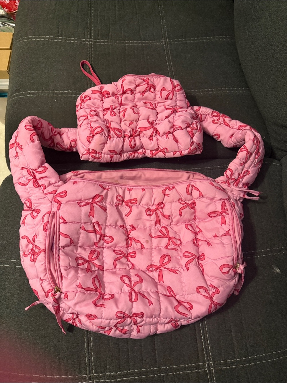 Matching Quilted Pink Bow Crossbody Bag and Mini Pouch
